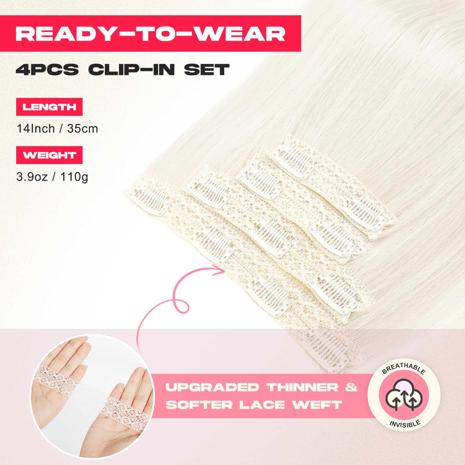 Ntynty Hair Extensions, 14'' Short Clip In Hair Extensions 4Pcs Straight Platinum Blonde Hair Extensions Natural Soft Synthetic