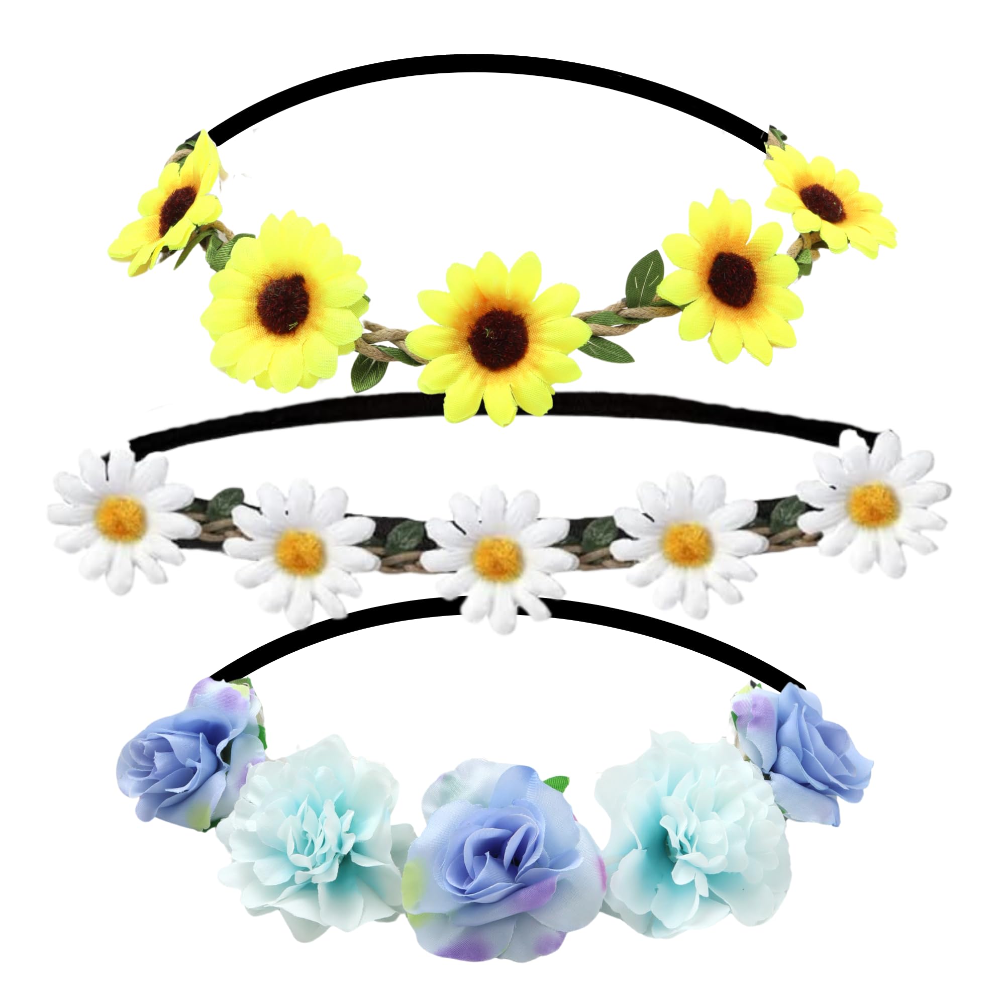 Needzo 3PCS Assorted Flower Crown Wreath Headbands, Blue, Yellow and White Colored Hair Accessories, One Size Fits Most