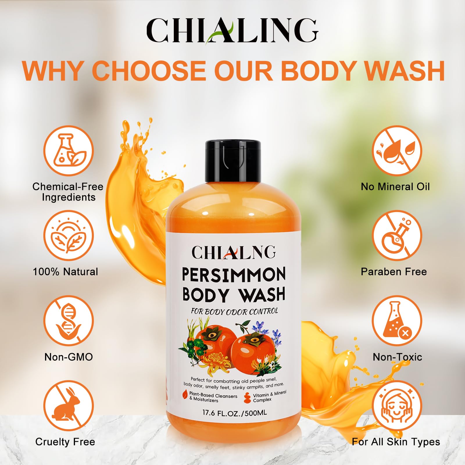 Chialing Persimmon Scented Body Soap for Odor Control, 16.9 Fl Oz, with Centella Asiatica Extract for Men & Women