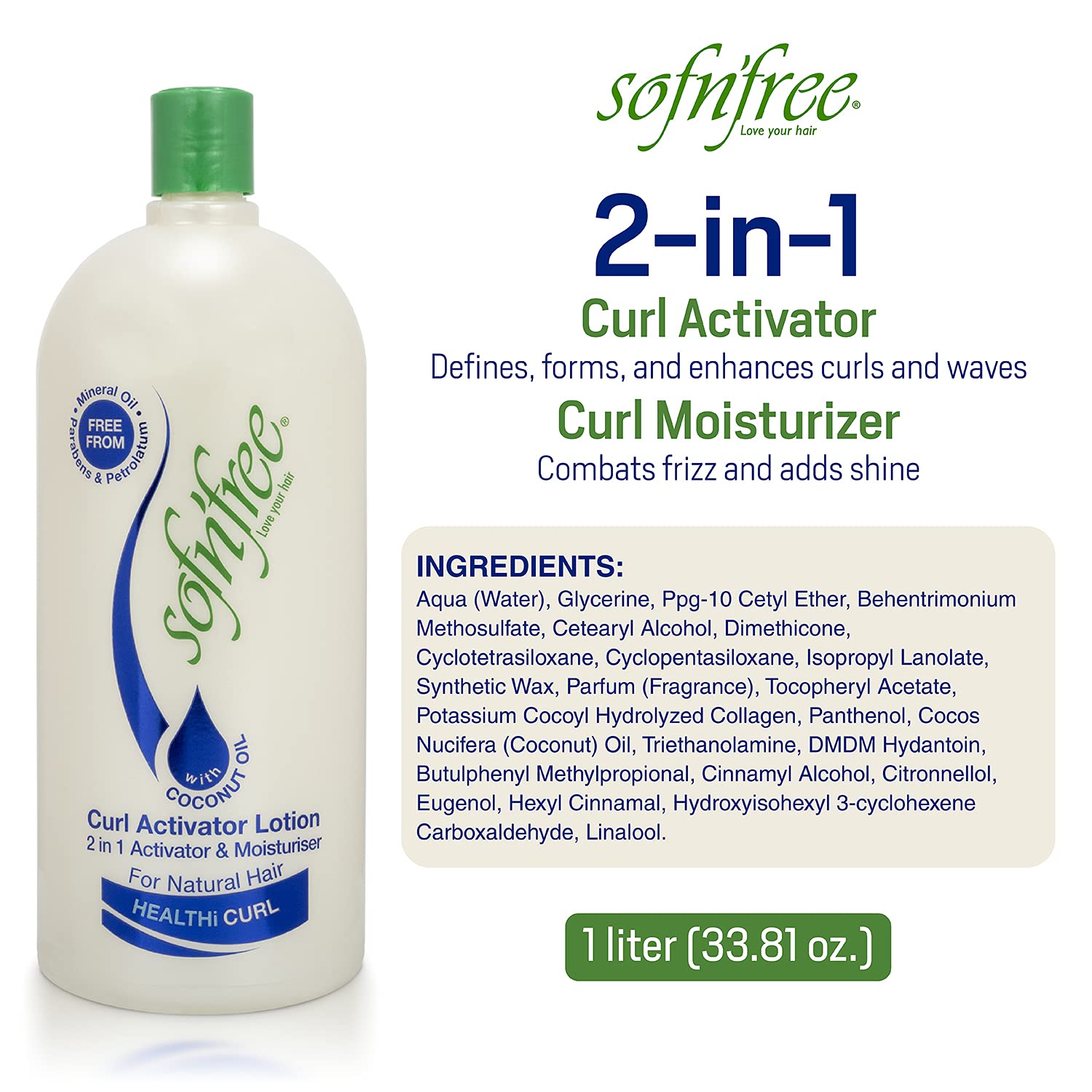 Sofnfree Moisturizer & Curl Activator For Natural Hair, Soft Curls, And Waves 33.81 Fl Oz / 1000Ml