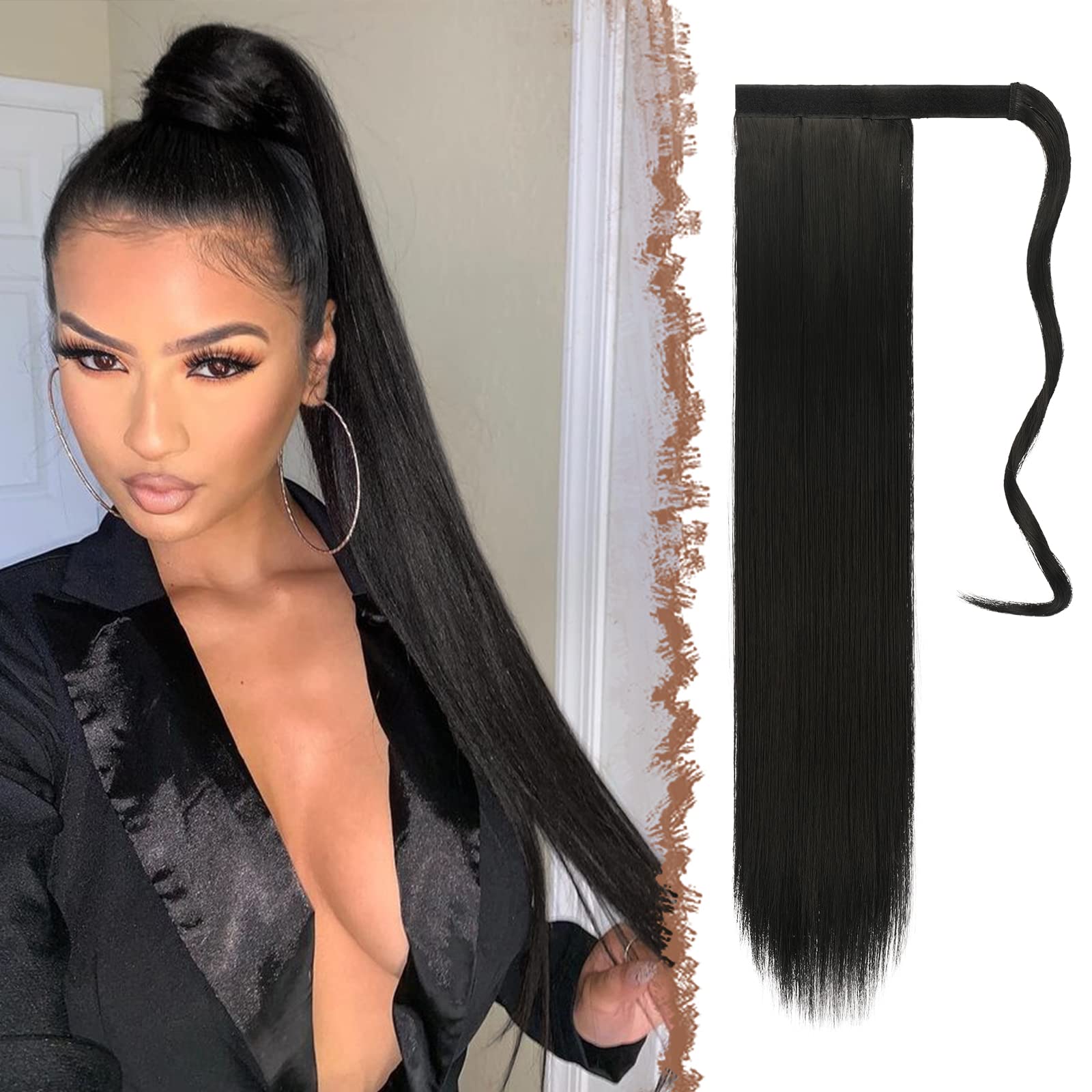 FESHFEN Straight Long Ponytail Extensions 24 Inch Black Wrap Around Synthetic Ponytails Hair Piece Pony Tail Hair Extensions Hai