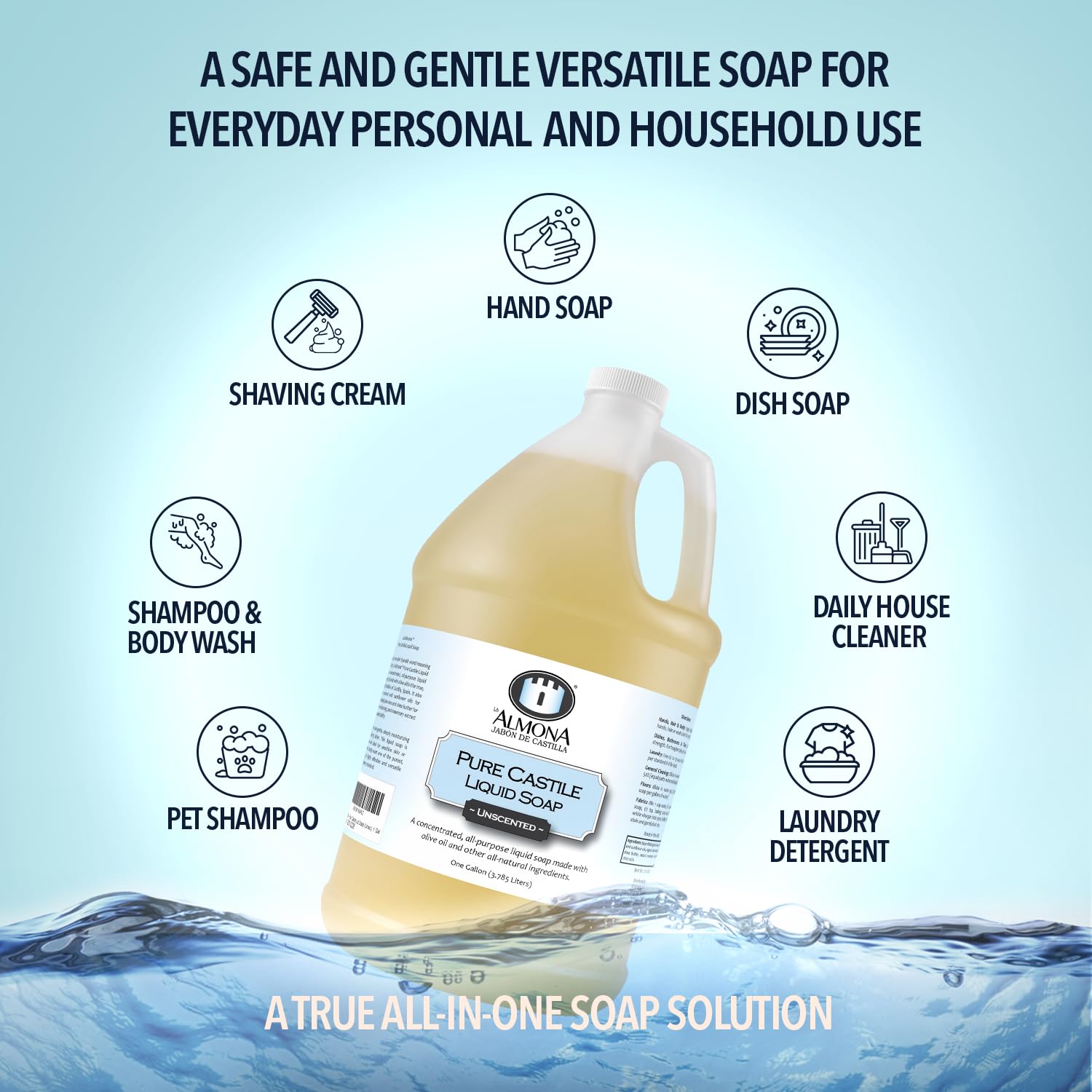 La Almona - Pure Castile Liquid Soap, Peppermint, 1 Gallon - Multipurpose: Hands, Face, Body, Laundry, Dishes & More - For Sensi