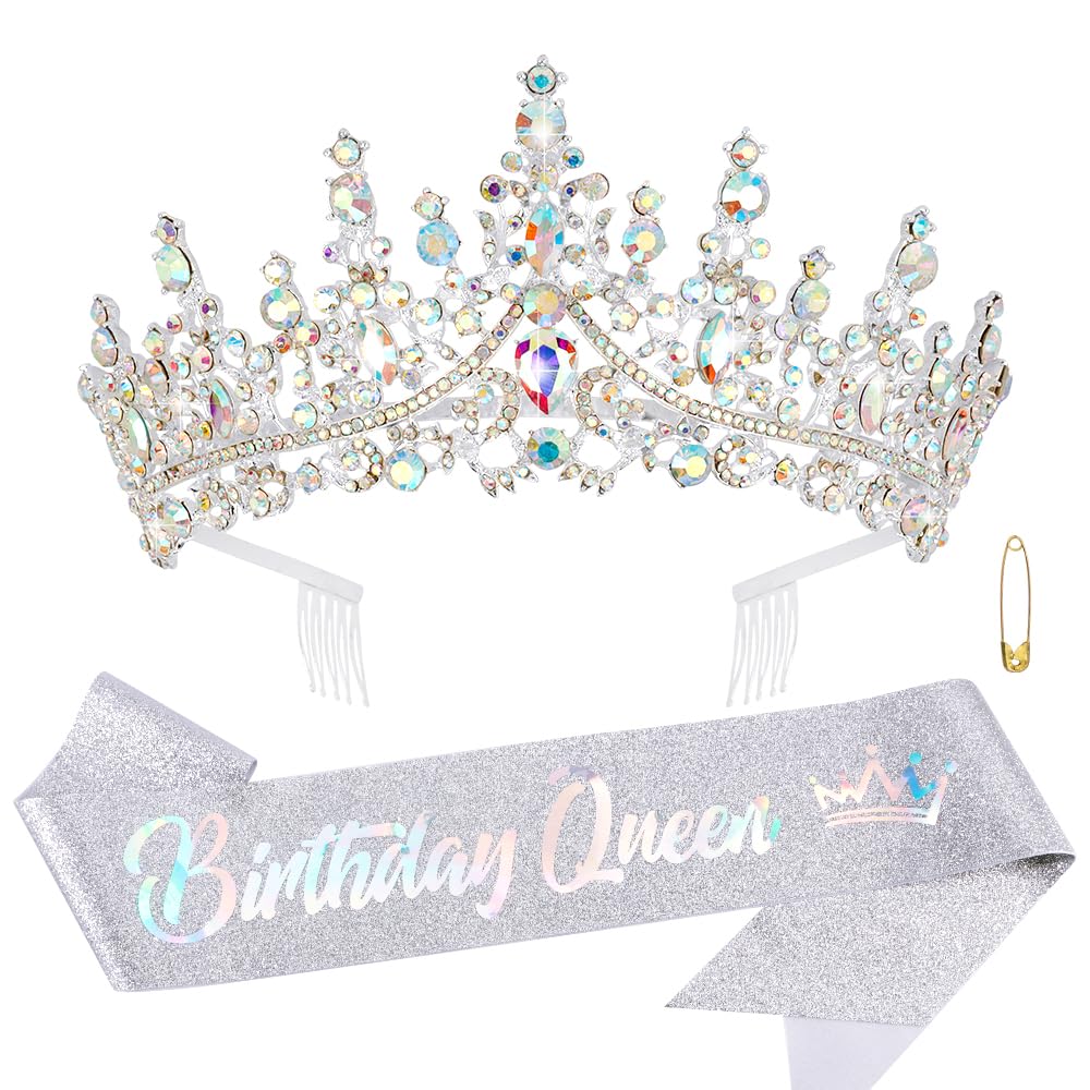 ATODEN Birthday Queen Sash Silver Tiara Crown Tiaras and Crowns for Women Girls Crystal Princess Tiara AB Rhinestone Headbands Q