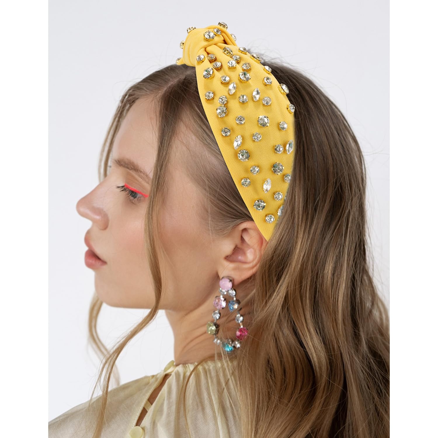 Atoden Yellow Knotted Rhinestone Headband - Wide Top Knot Beaded Crystal Jeweled Headbands For Women'S Hair, Sparkly Embellished