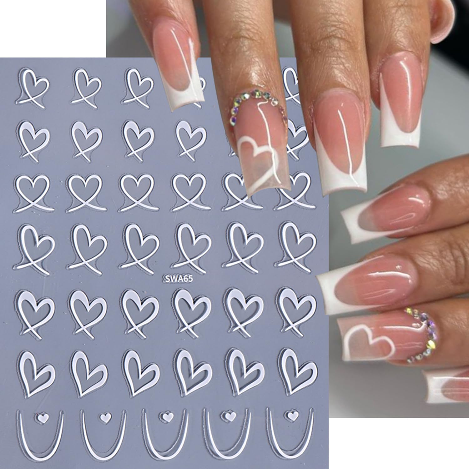 6 Sheets Heart Nail Stickers Valentines Day Nail Art Stickers 3D White Pink Black Love Nail Decals Self Adhesive Simple French H
