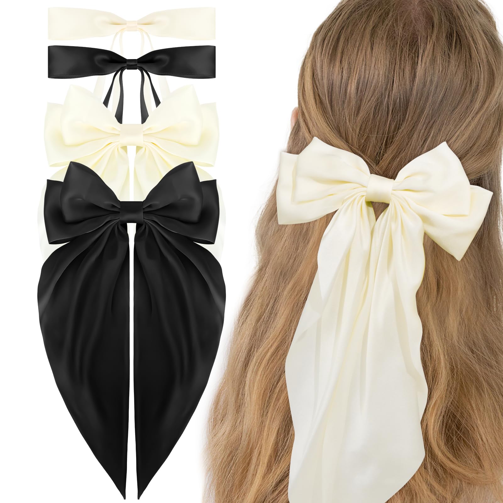 WHAVEL Hair Bow, 4PCS Hair Bow Ribbon for Hair Silky Satin Bow Clips with Long Tail - Cute Hair Clips (Black, Beige) for Women a