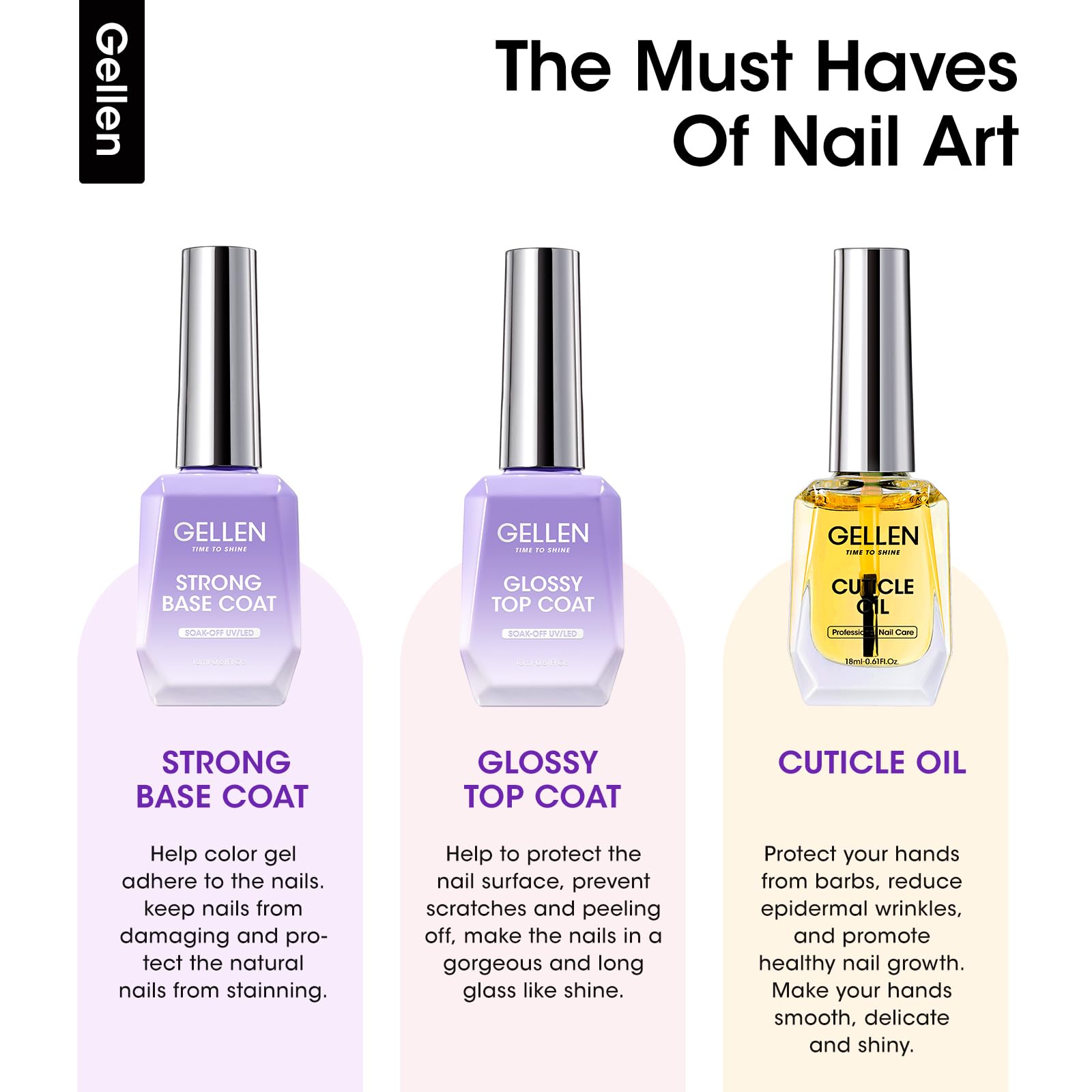 Gellen 18 Ml Glossy Gel Top Coat, Base Coat Gel, Cuticle Oil