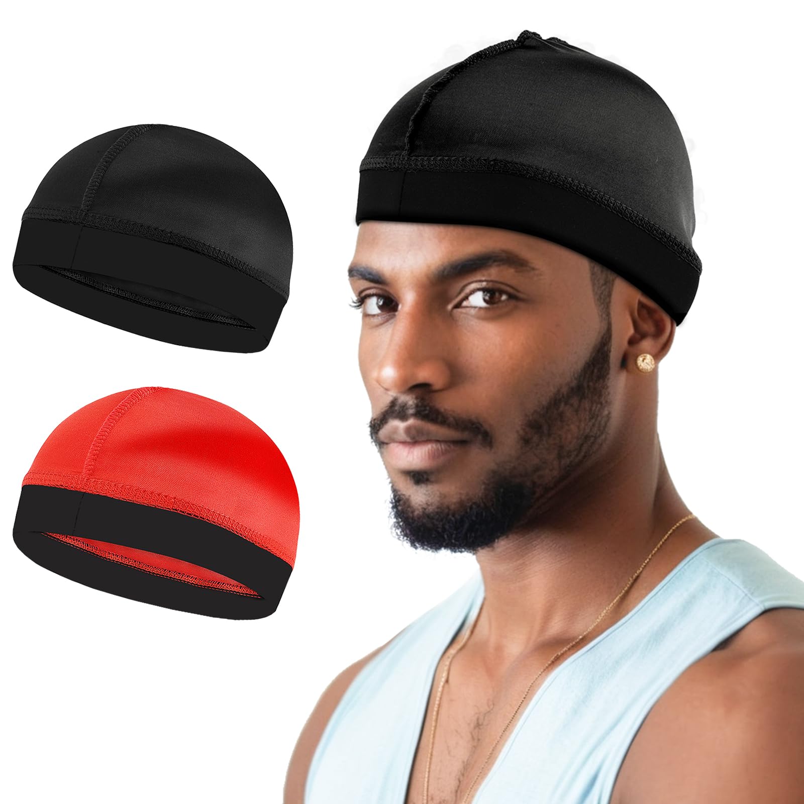 2Pcs Wave Cap Silky Stocking Wave Caps for Men, Good Compression Over Durag(Red+Black)