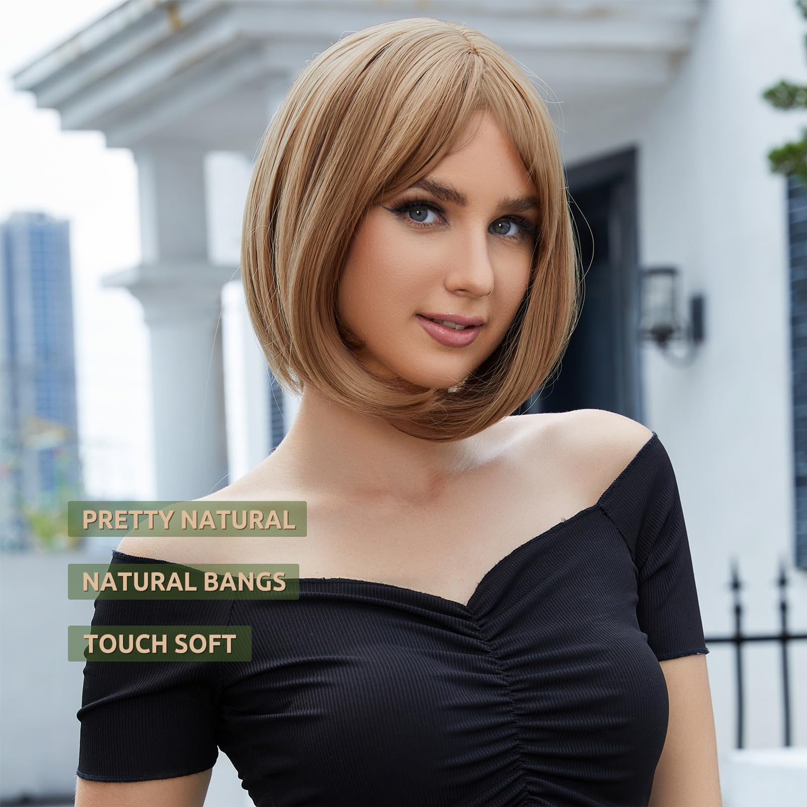 Onpep Bob Wig With Bangs Brown Highlight Short Straight Natural Looking Wigs For Women Shoulder Length Heat Resistant Synthetic