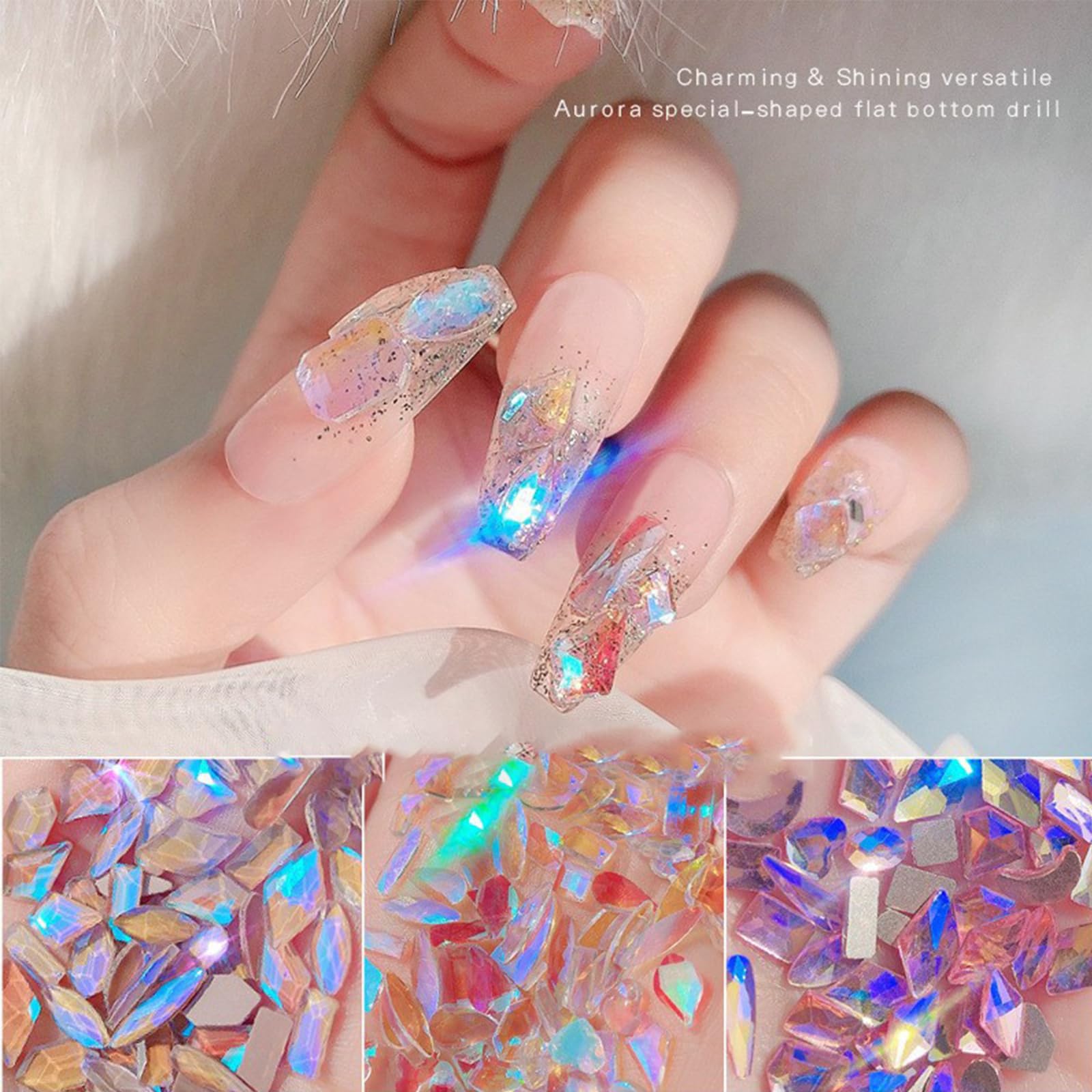 200Pcs Aurora Nail Art Rhinestones Multi Shapes Mix 3D Glass Crystal Nail Gems Nail Charms Craft Heart Bear Star Irregular Iride