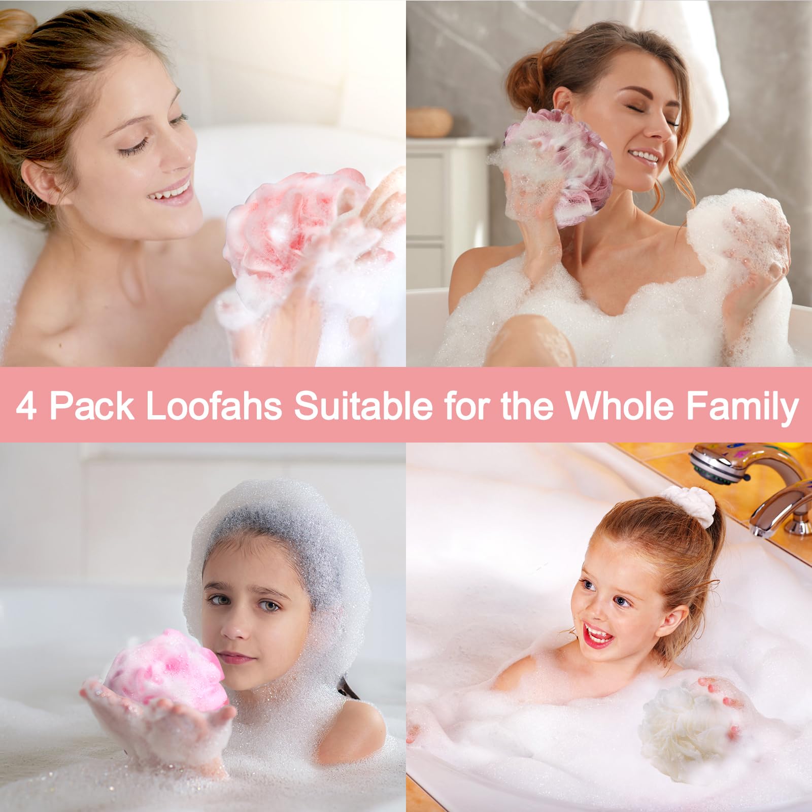 Fishent Loofah Bath Sponge Shower Loofahs, 4 Pack Soft Loofa Exfoliating Body Scrubber Mesh Shower Puff Pouf Ball Luffa For Men