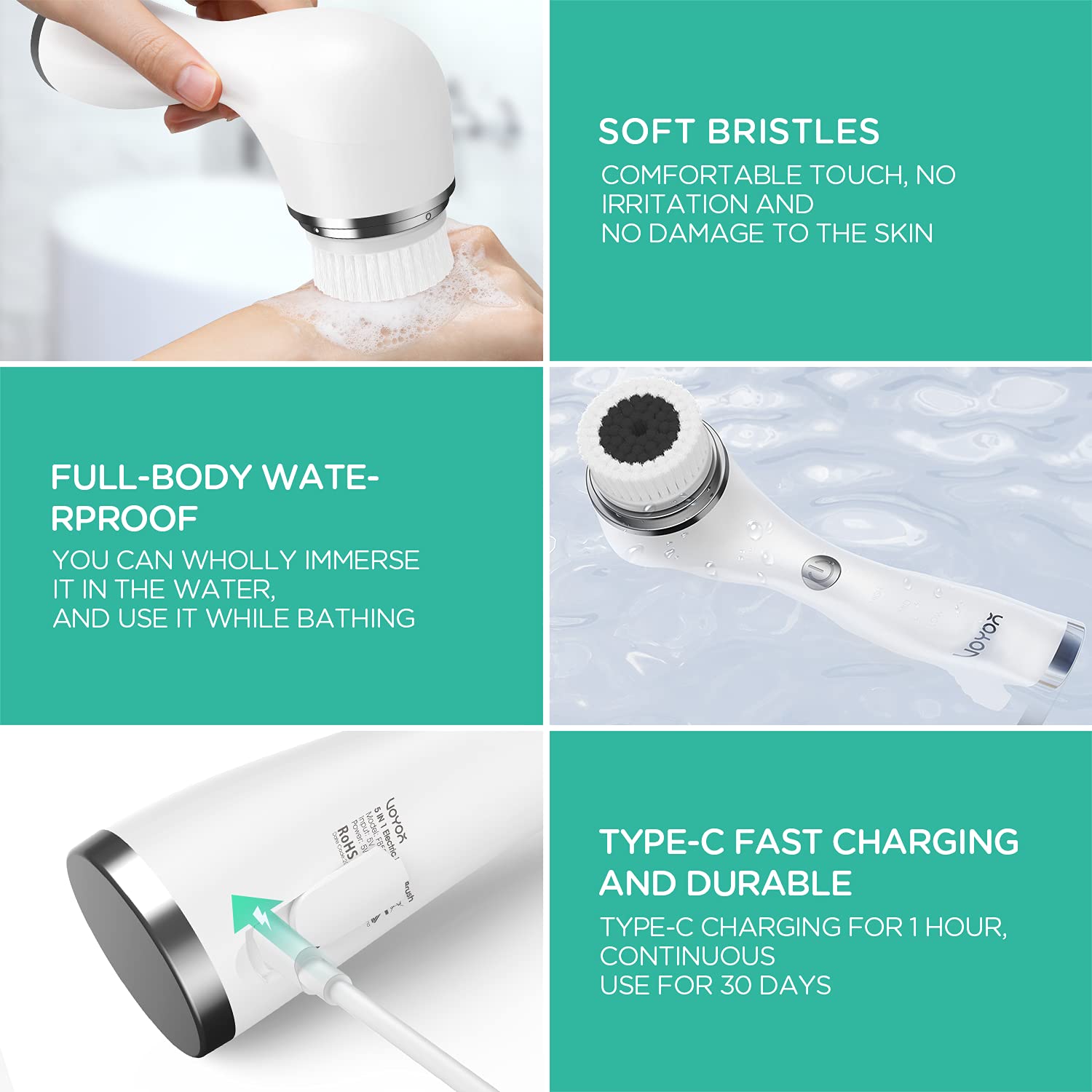 Voyor Facial Cleansing Brush Rechargeable, Spin Face Brush Waterproof 5-In-1 Body Brush Set For Deep Skin Cleansing, Gentle Exfo