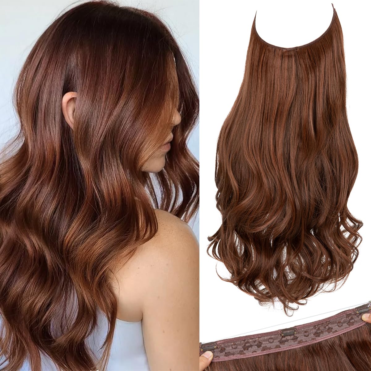 SARLA Invisible Wire Hair Extensions Long Wavy Curly Synthetic Hairpiece with 3 Clips for Women Adjustable Transparent Headband 