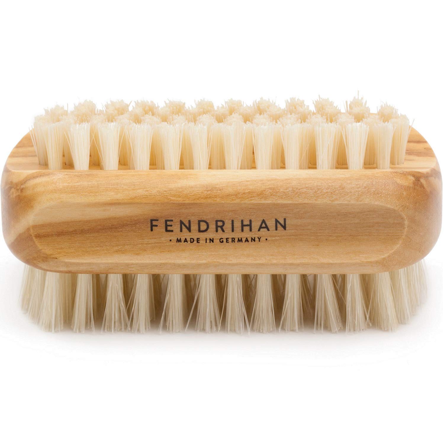 Fendrihan Boar Bristle Nail Brush, Dual-Length Fingernail Cleaning Brush with Polished Olive Wood Handle, Made in Germany, 3.5 x 1.8 Inches