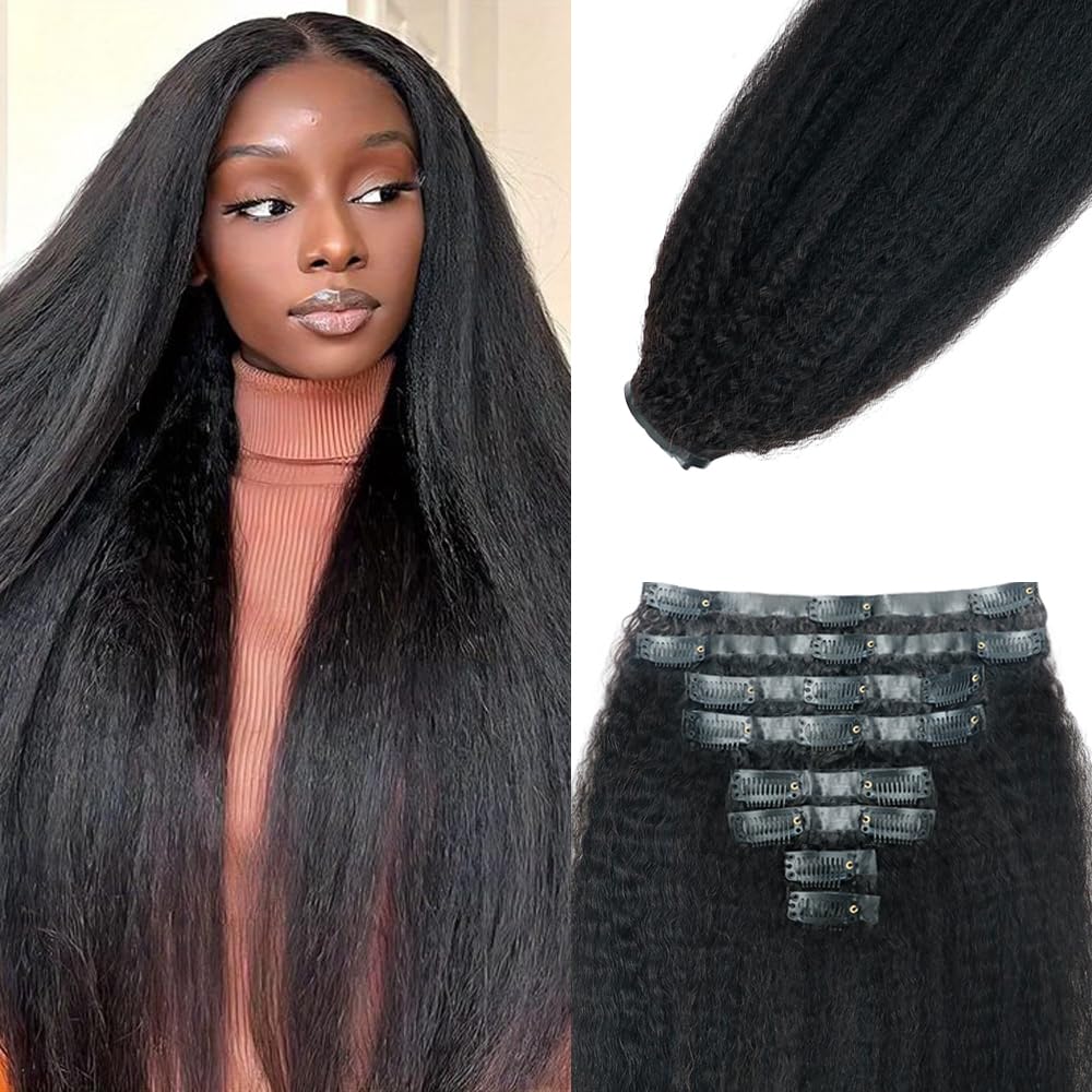 Seamless Kinky Straight Clip in Hair Extensions for Black Women Brazilian Virgin Human Hair Extensions 8Pcs Seamless Clip ins Hu