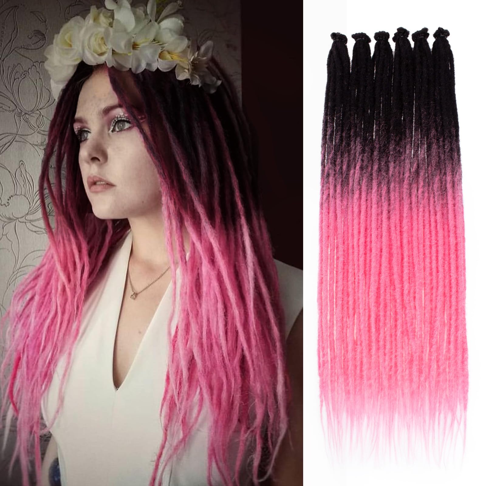 Leeven Synthetic Dreadlock Extensions 20 Strands 24 Inch Single Ended Ombre Pink Crochet Dreads Extensions 0.6 cm Width Handmade