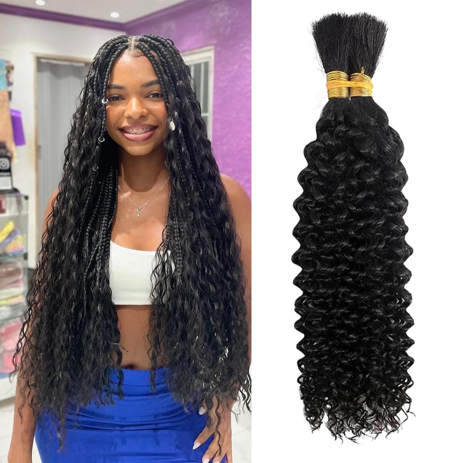 24 Inch Human Braiding Hair for Boho Braids Deep Wave Bulk Human Hair Braiding No Weft Human Hair Curly Bundles Hair Extensions 