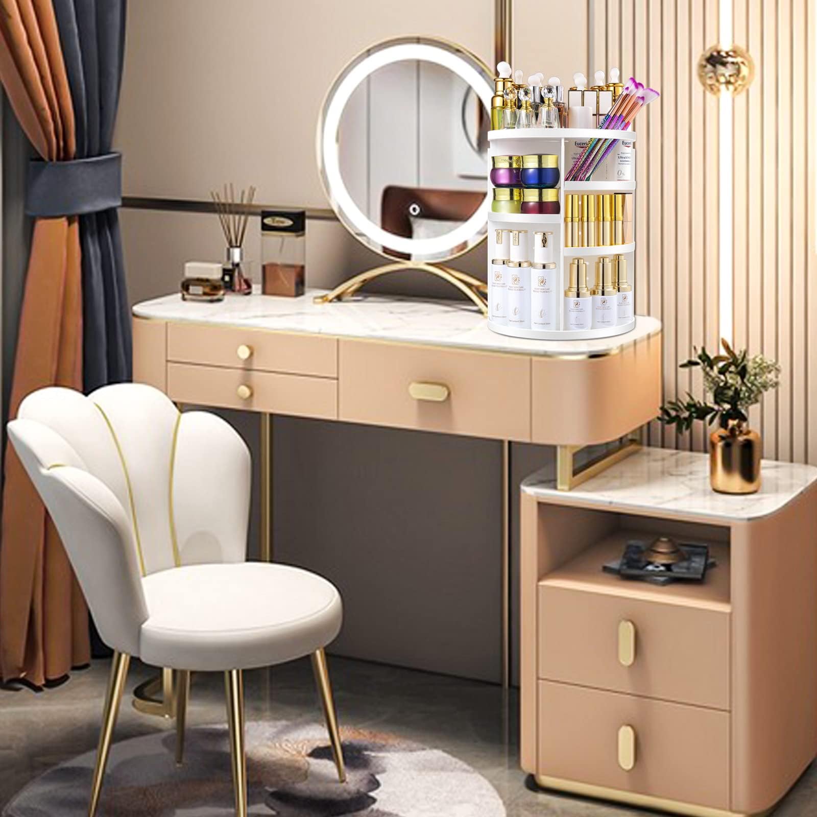 Makeup Organizer, 360 Rotating Cosmetic Organizer,DIY Adjustable Makeup Carousel Spinning Holder Rack, Large Capacity Cosmetic S