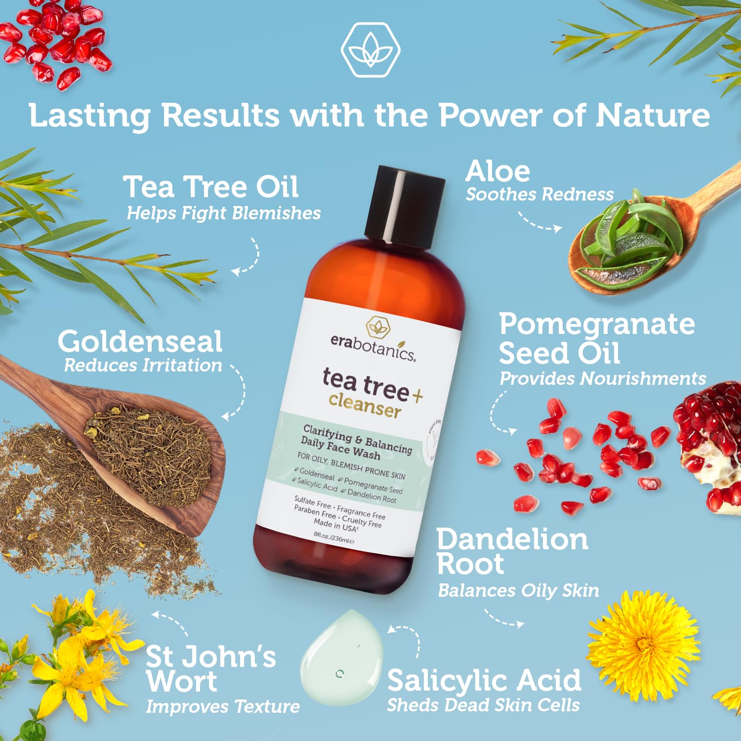 Era Organics Purifying Tea Tree Oil Face Wash - Balancing Cleanser for Oily, Blemish-Prone Skin with Salicylic Acid - Sulfate-Fr