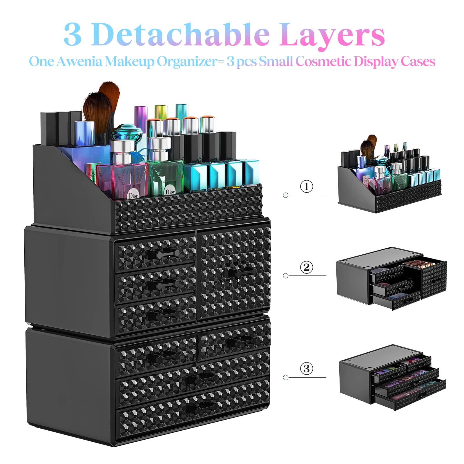 3 Pack Makeup Organizer Stackable[Upgraded], Acrylic Cosmetics Storage Cases With 8 Drawers Perfume Organizers For Brush Holder