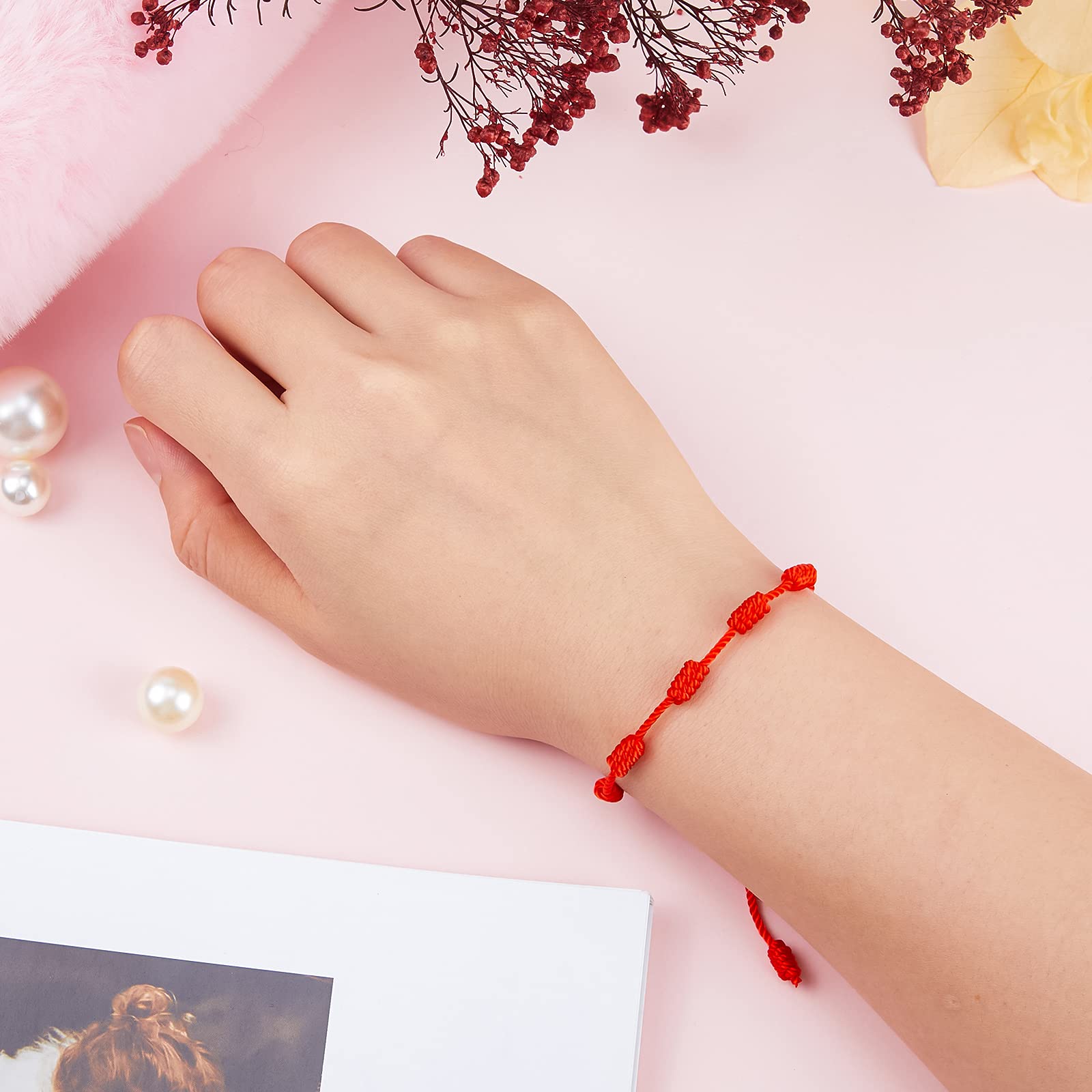 Epakh 50 Pieces Red String Bracelets 7 Knot Braided Bracelet Adjustable Cord Kabbalah Protection Bracelet Handmade Friendship Am