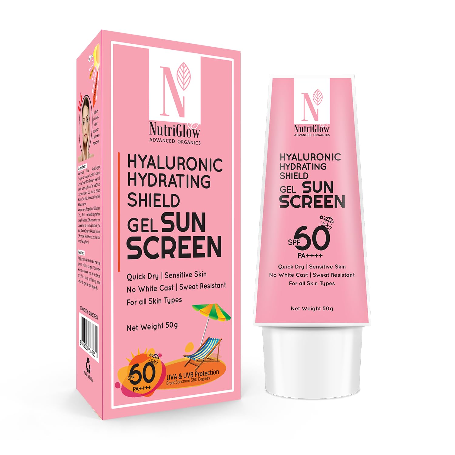 NutriGlow Advanced Organics Hyaluronic Hydrating Shield Gel Sunscreen with SPF60, PA++++, Sun Protection, No white Cast (50g)