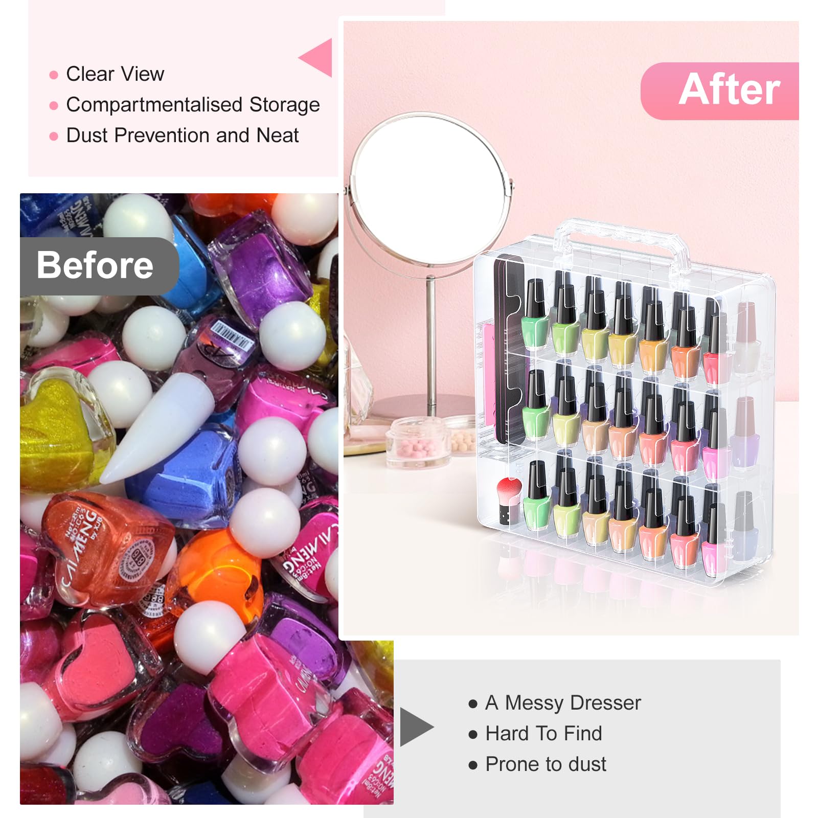 Beloving Nail Polish Organizer, 48 Bottles Transparent Nail Polish Holder With Adjustable Divider, Gel Nail Polish Storage Doubl