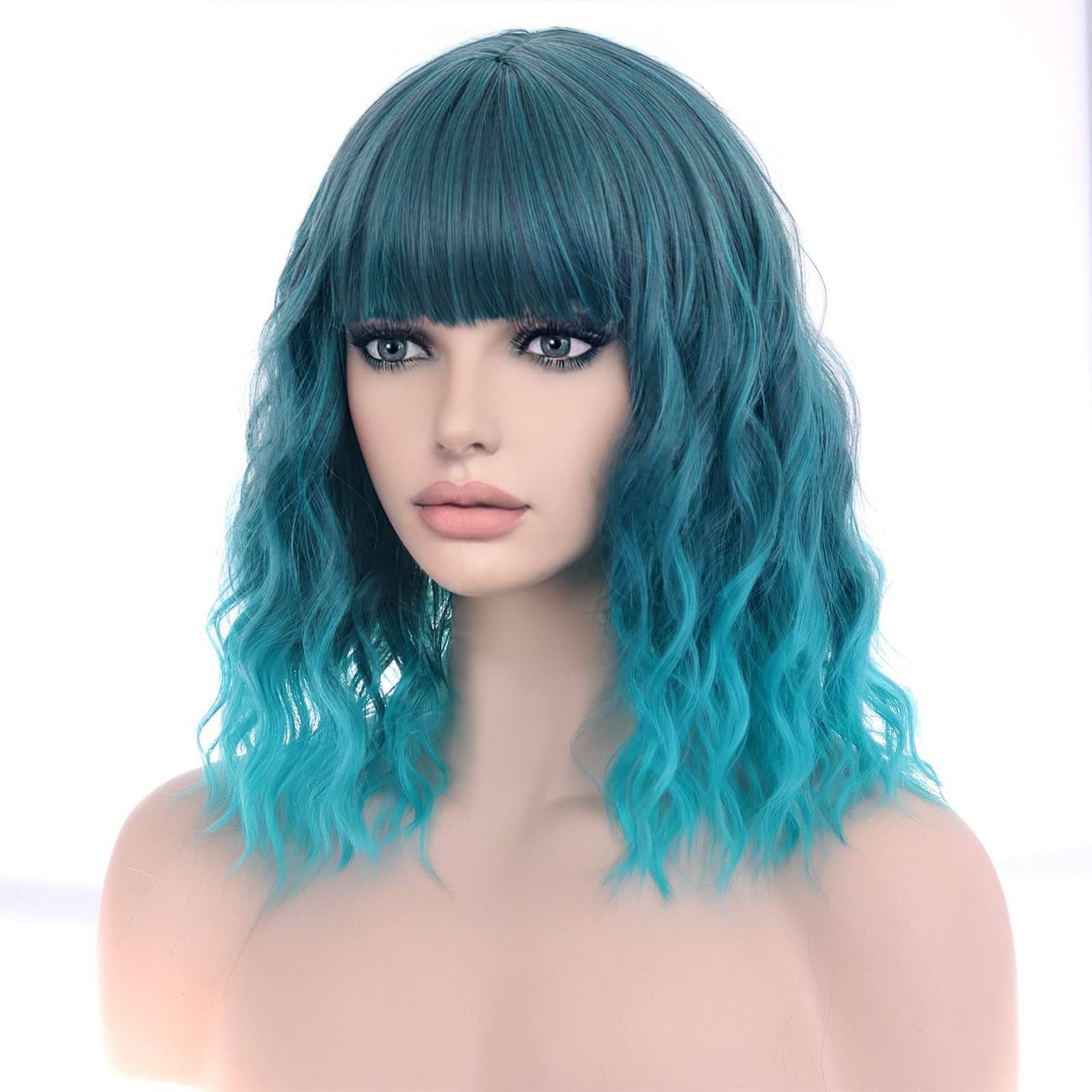 PATTNIUM Mixed Blue Wig Women Short Wavy Wig Teal Wig with Bangs Teal Blue Bob Wig Women Girls Heat Resistant Synthetic Fiber Co