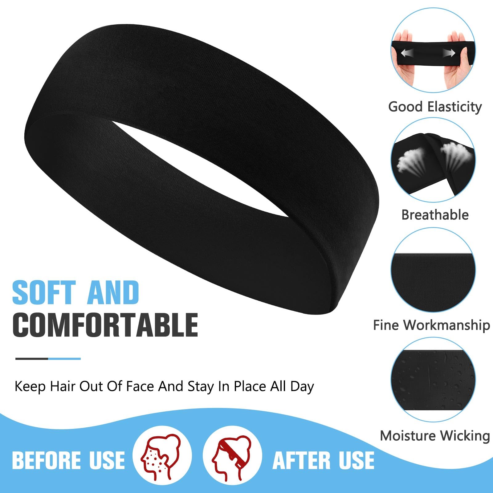 Hotop 30 Pcs Sport Headbands for Women Non Slip Stretchy Soft Fabric Elastic Sweatbands Bulk for Yoga DIY Team Gifts(Black)