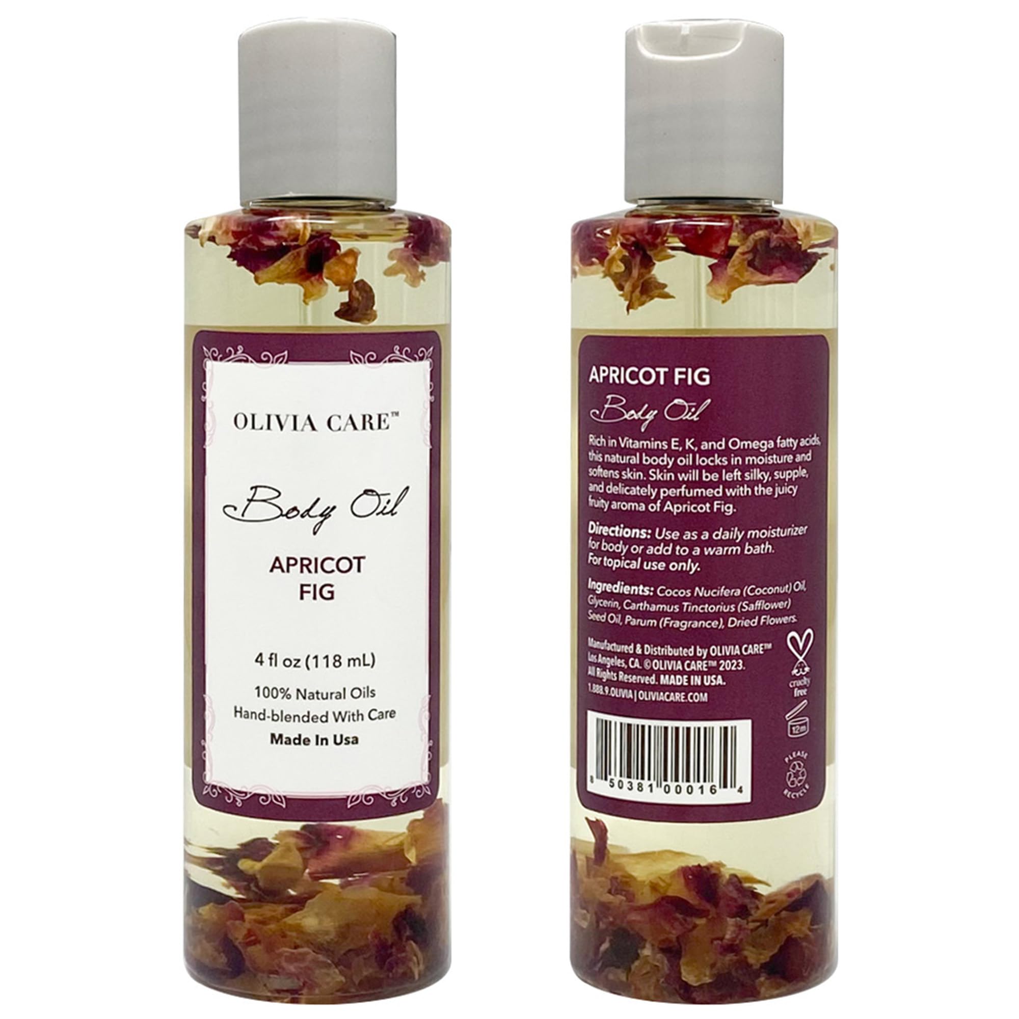 Olivia Care Body Oil Apricot Fig Vegan & Natural Moisturizing - Infused With Vitamin E, K & Omega Fatty Acids - Refreshing Fragr