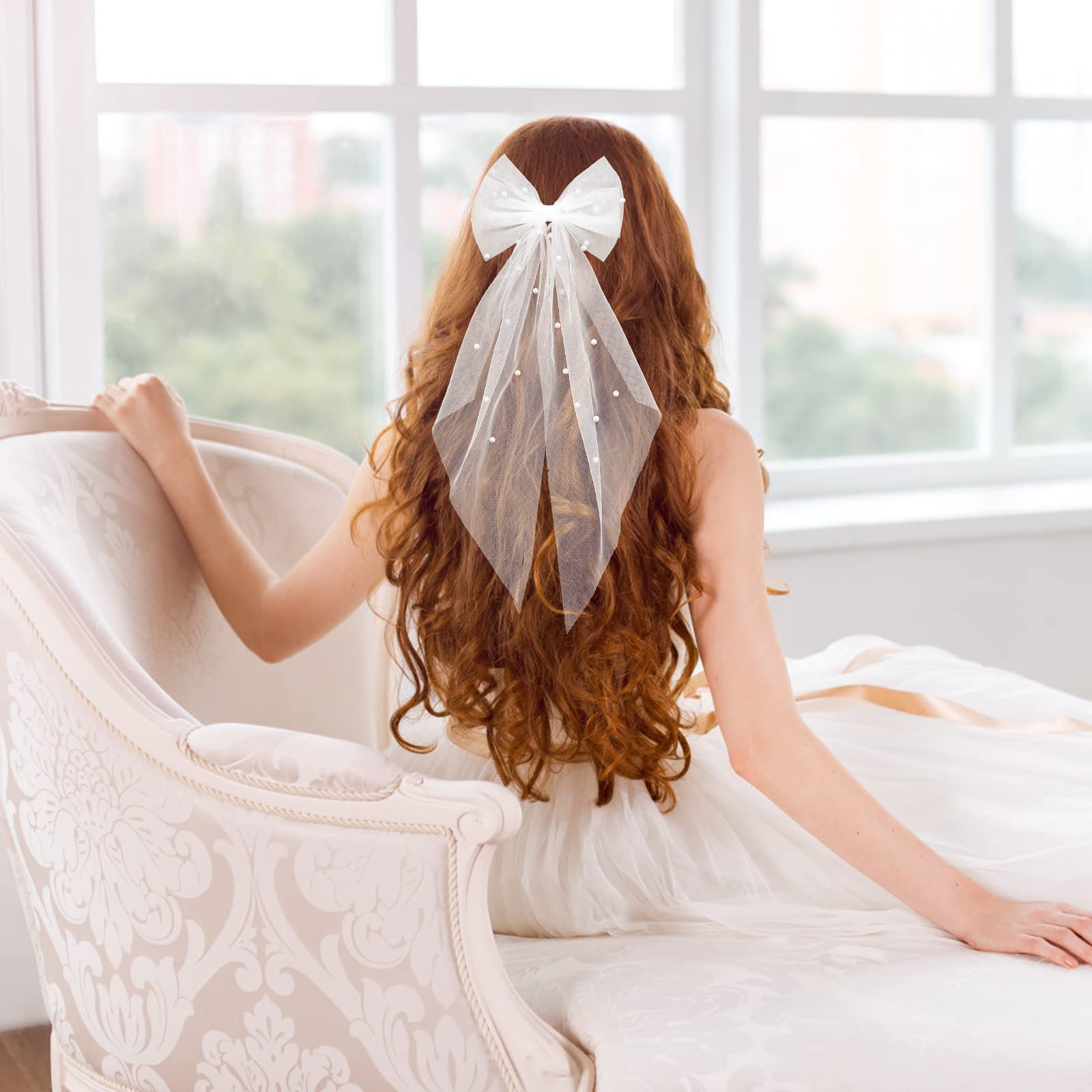 Yolev Bridal Hair Bow Veil With Pearl White Wedding Veil With Barrette Short Tulle Hair Accessories For Bachelorette Party Brida