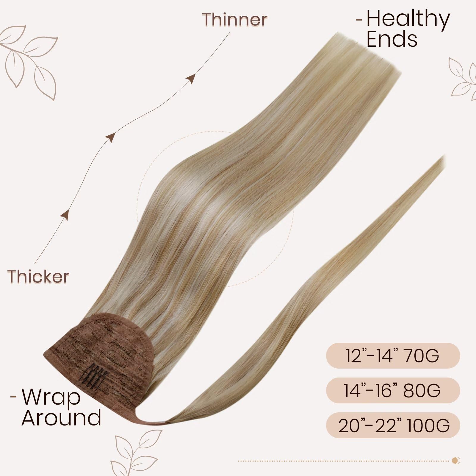 Hetto Wrap Around Ponytail Extension Human Hair 22 Inch 100G Magic Paste Ponytail Hair Extensions Real Hair #14/613 Blonde Human
