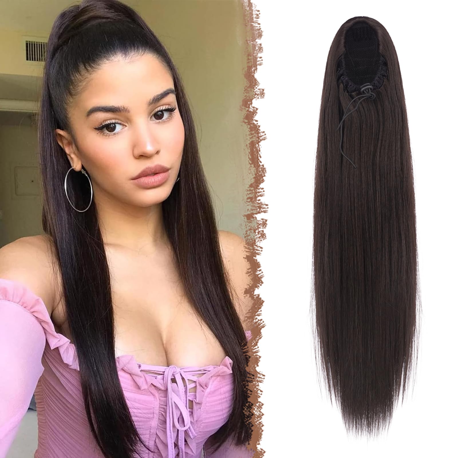 Feshfen Ponytail Extensions Long Straight Drawstring Ponytails Natural Synthetic Hairpiece Clip In Ponytails Hairpieces For Wome