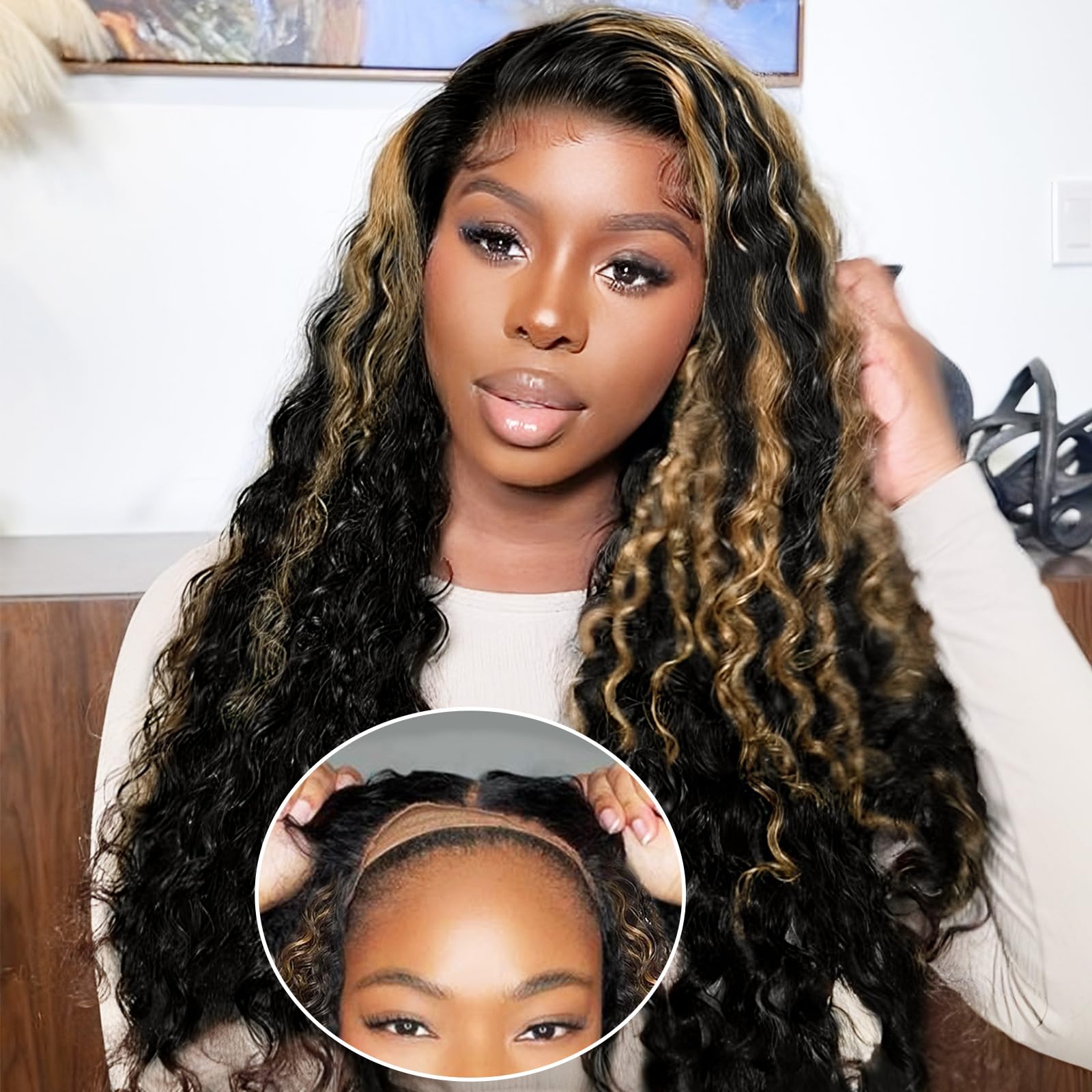 AISI 13x4 Highlight Ombre Deep Wave Lace Front Wigs Human Hair Wear and Go Glueless Wig Pre Plucked Cut No Glue for Black Women 