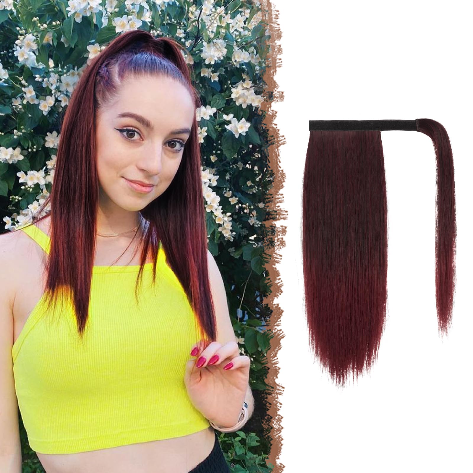 Feshfen Straight Ponytail Extension 16 Inch Natural Long Ponytails Wrap Around Clip In Pony Tail Hair Piece Synthetic Hairpieces