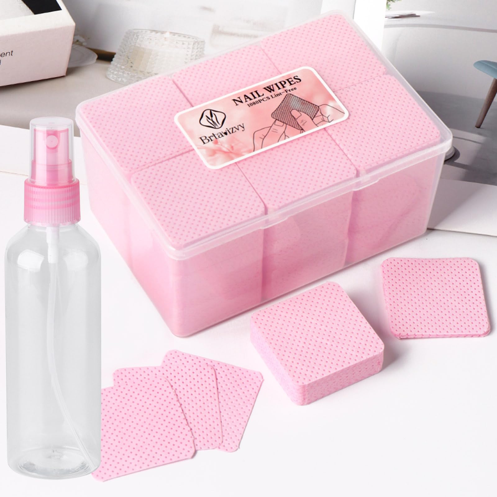 Brtavizvy Lint-Free Nail Wipes With 100ML Empty Spray Bottle Set,1080pcs Pink Non-Woven Fabric Dry Nail Prep Skin Nail Polish Re