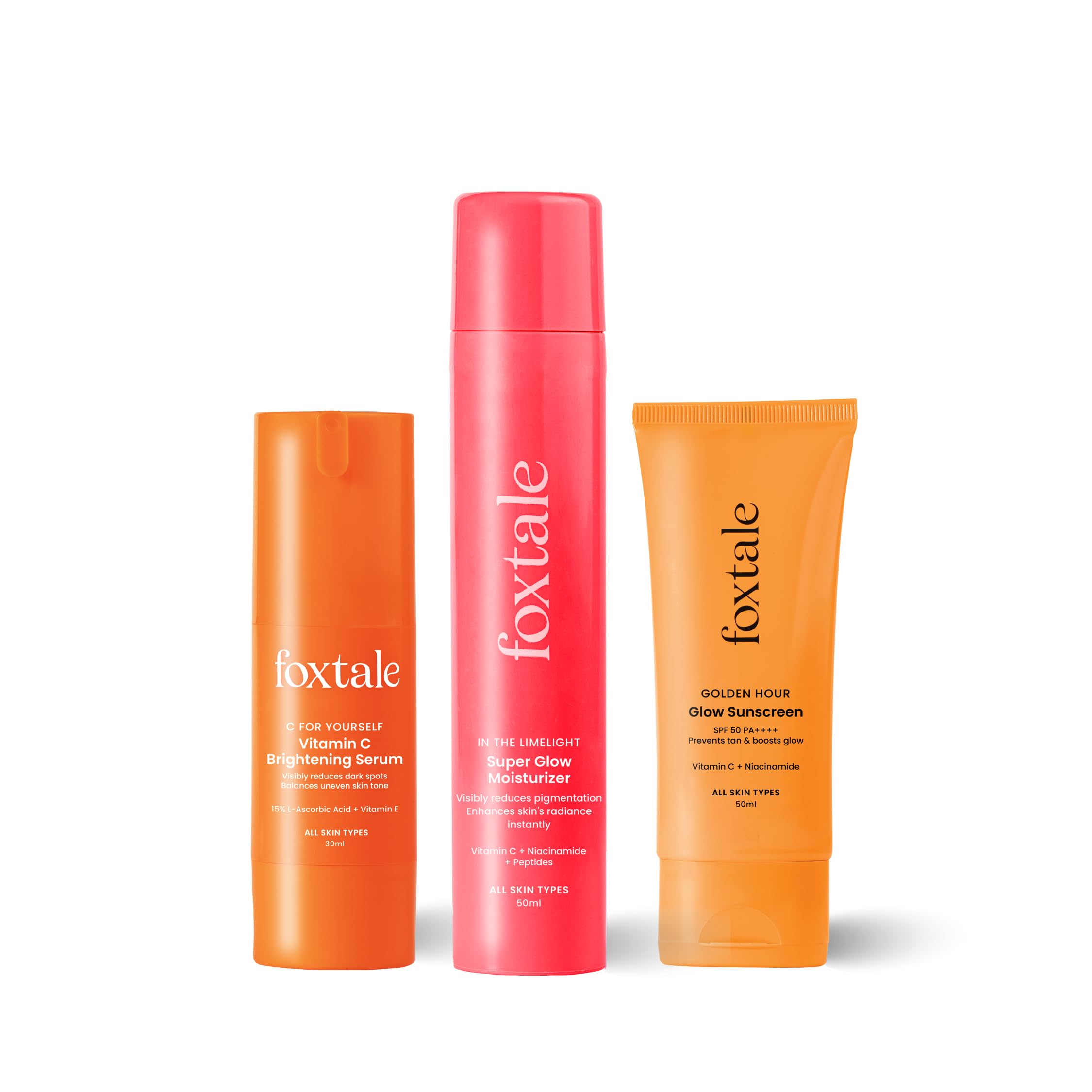 Foxtale Unstoppable Glow Combo | Spf 50 Sunscreen, Vitamin C Serum & Super Glow Moisturizer | Brightens Skin, Fades Dark Spots &