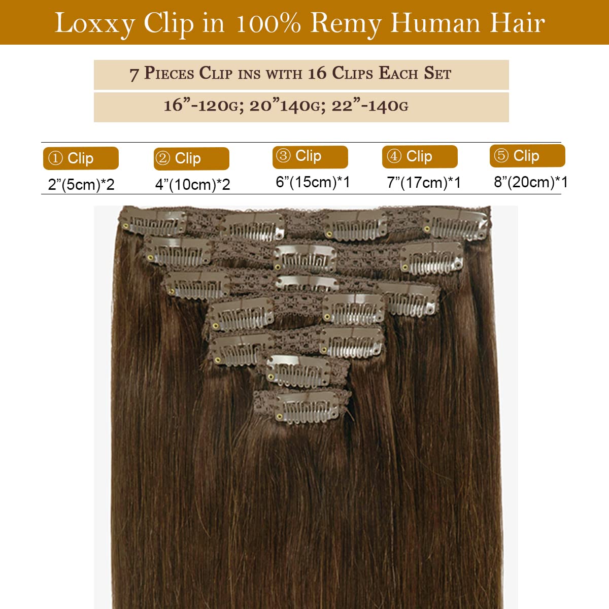 Loxxy Human Hair Extensions Clip In Chocolate Brown Real Human Hair Extensions 120G 7 Pieces Silky Straight Weft Full Head Clip
