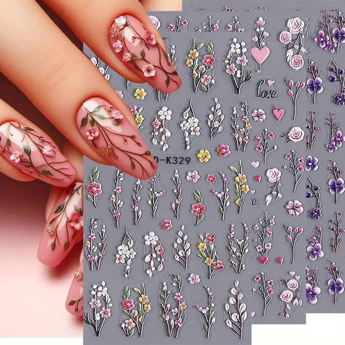 Flower Nail Art Stickers Decals 5D Embossed Flowers Nail Decals 3Pcs Purple&Pink Floral Valentines Day Rose Love Heart 3D Self-A