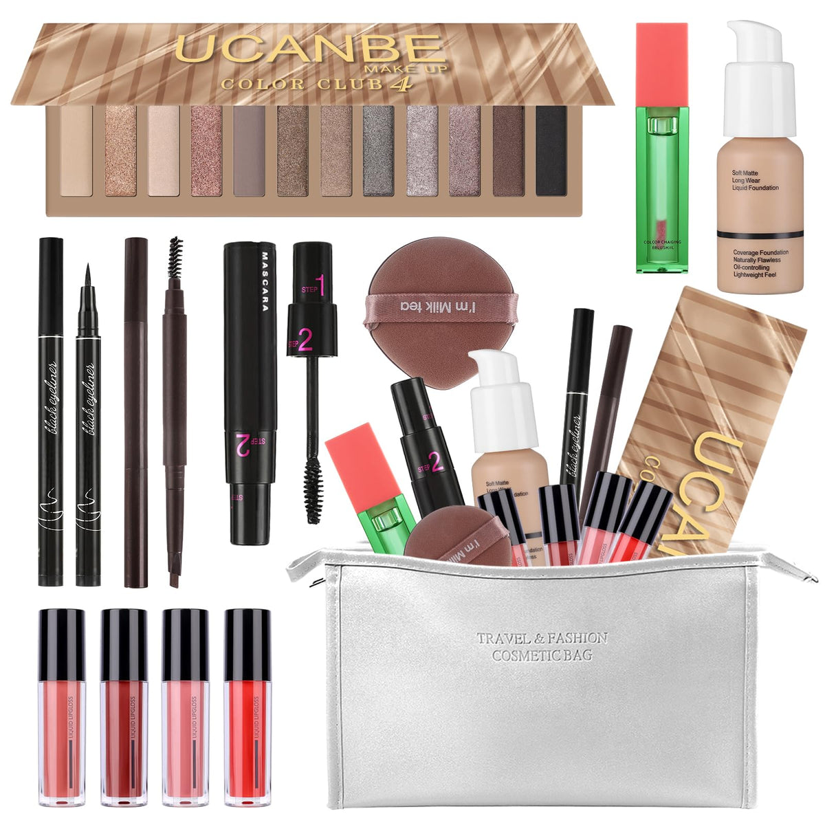 Makeup Set for Women Full kit, Makeup bag with 12 Color Nude Eyeshadow Palette, Mascara, Lip gloss, Blush & Foundation, Beauty b