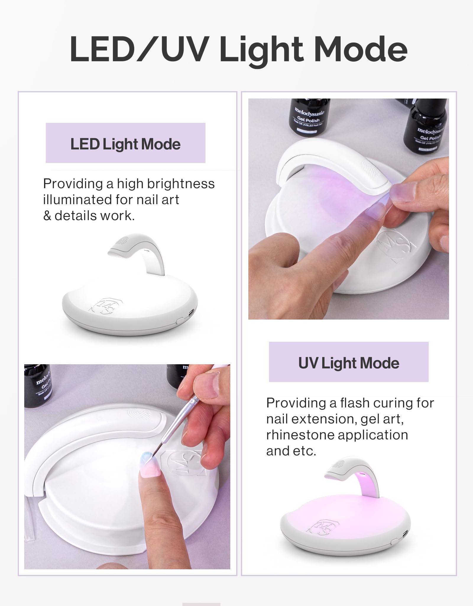 MelodySusie Cordless Mini UV LED Nail Lamp, 2-in-1 Rechargeable Light for Gel Nails, White, Model 05-06-001-010127