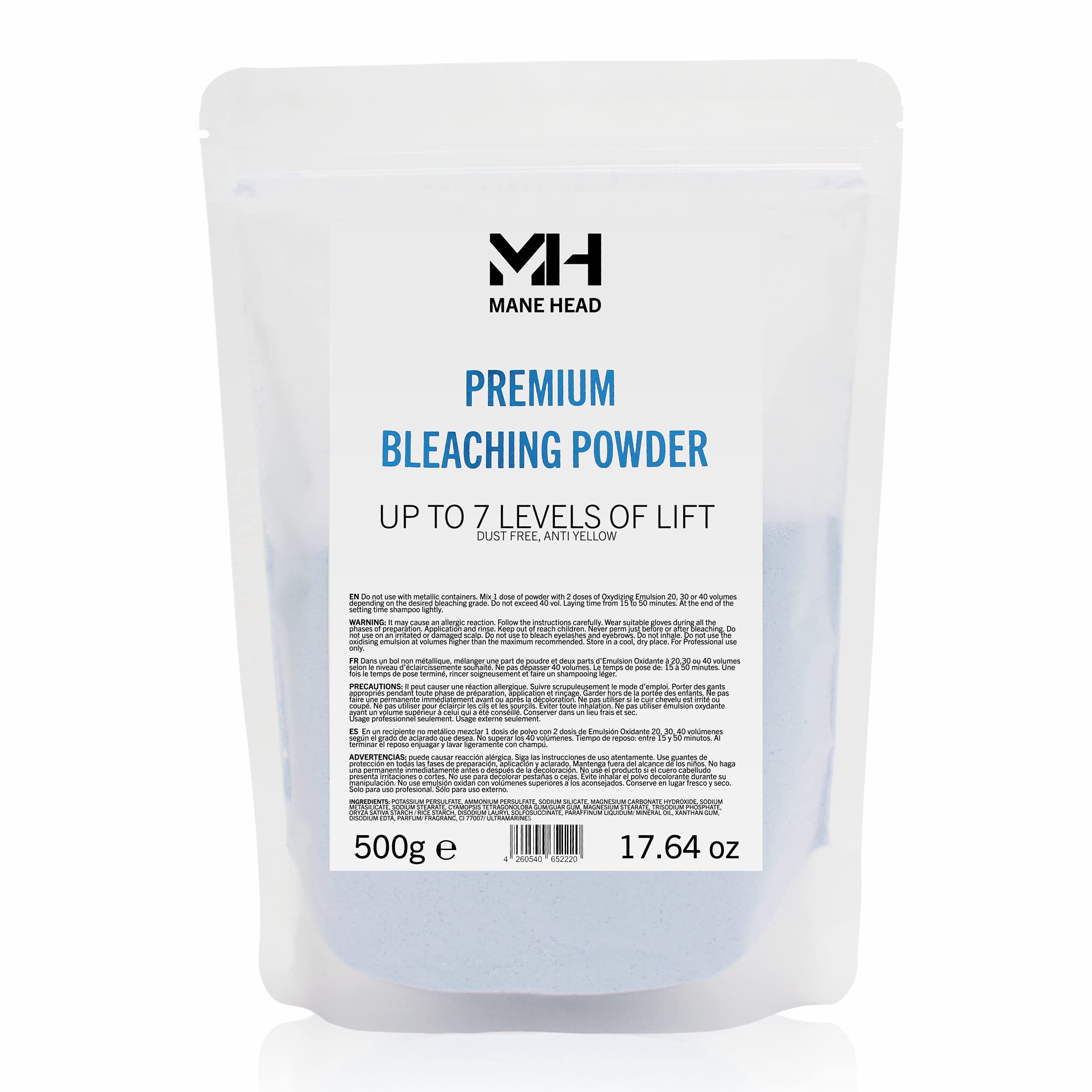 MANE HEAD Blue Premium Dust-Free Bleach Powder for Hair - Anti-Yellow Formula, Up to 7 Levels of Lift, Professional Hair Lighten