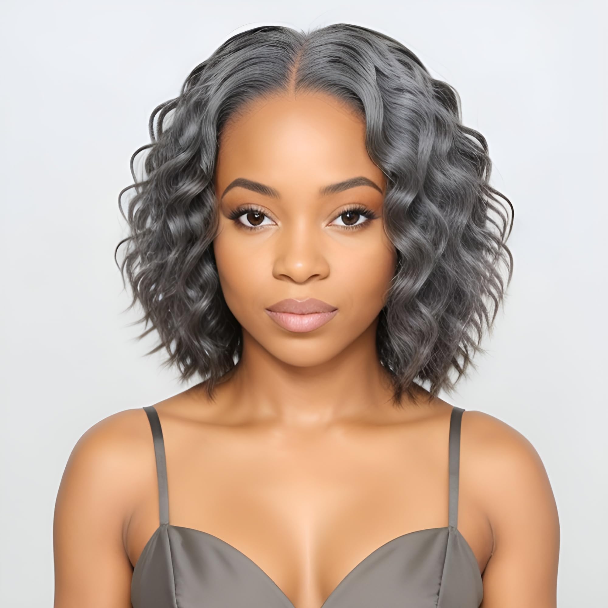 Baohuke 12'' Glueless Salt And Pepper Human Hair Wigs Water Wave Grey Bob Wig Human Hair 5X5 Hd Lace Closure Pre Cut Pre Plucked