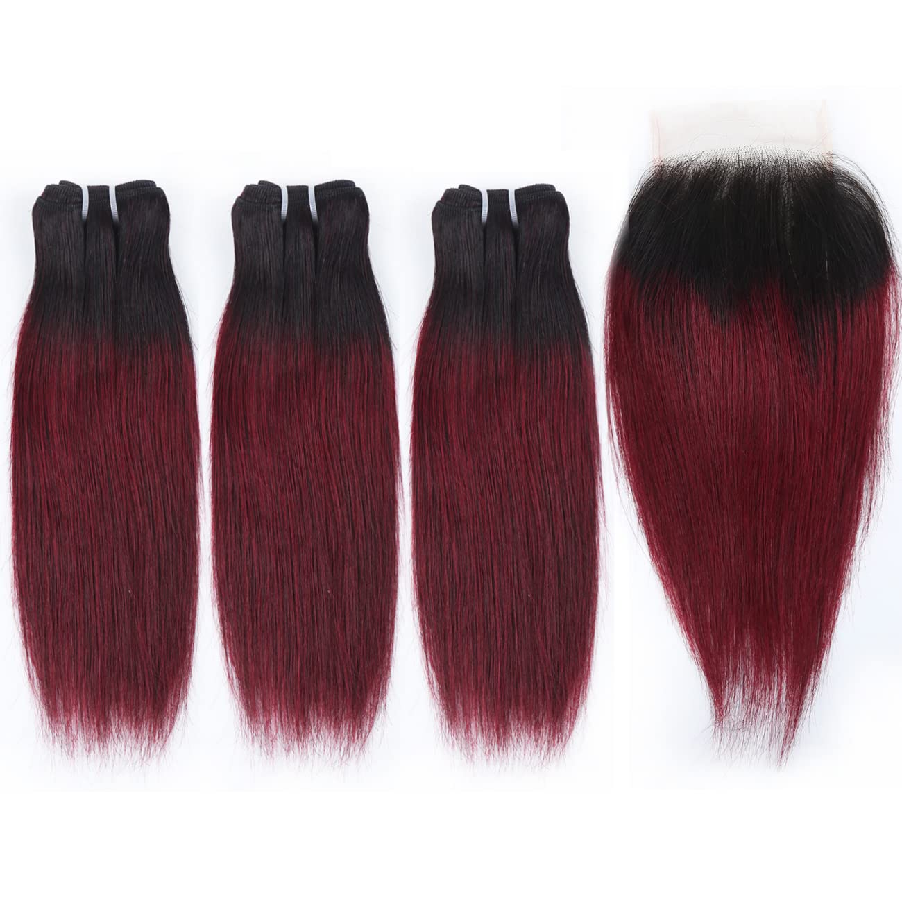 1B/99J Ombre Bundles With Closure(10 10 10+10) Brazilian Straight Bundles Human Hair Red Burgundy Short Bob Human Hair 3 Bundles