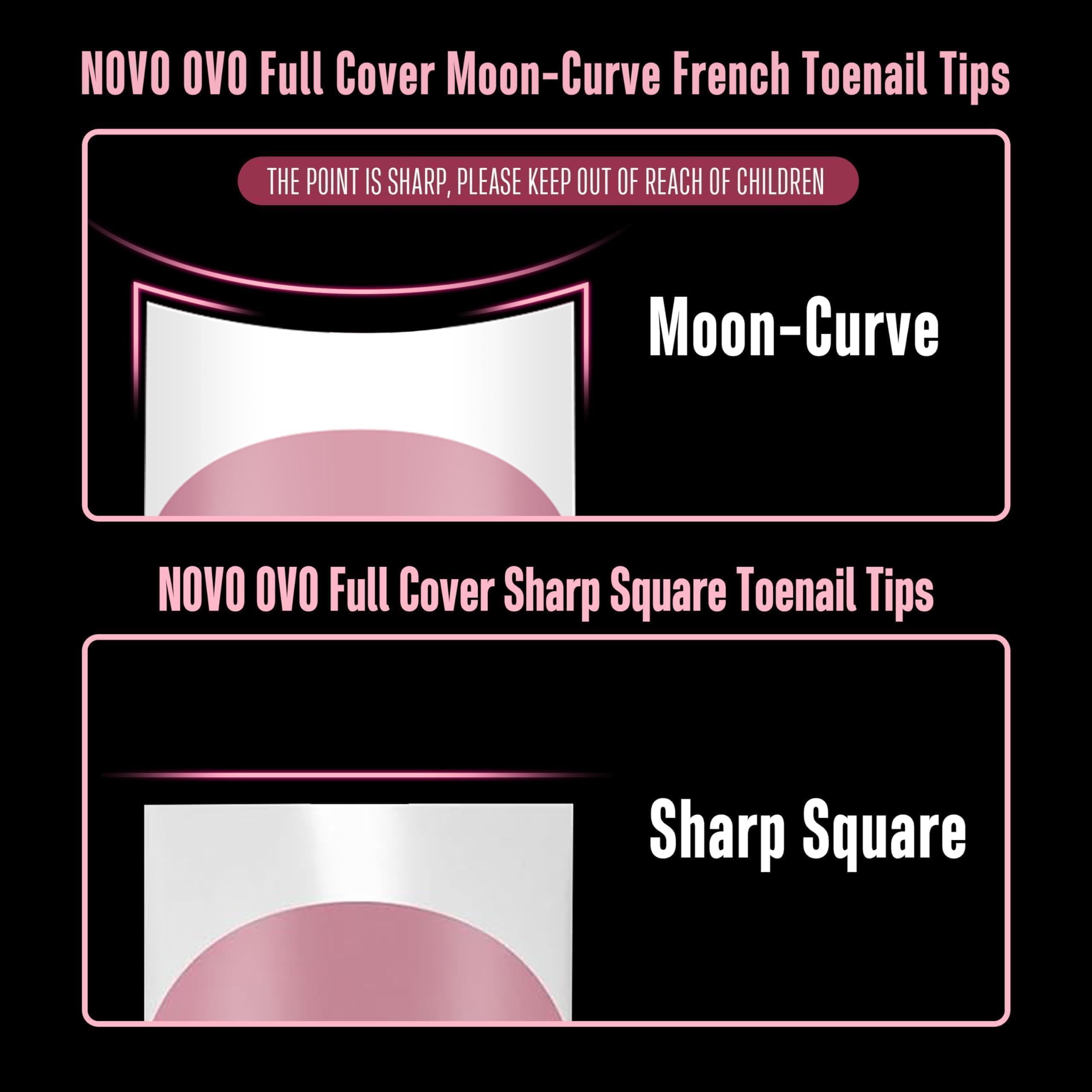 NOVO OVO Halloween Short Toe Nail Tips White French Tip with Moon Curve, BERRY PINK Thick Sharp Square Toenail Extension, Soft G