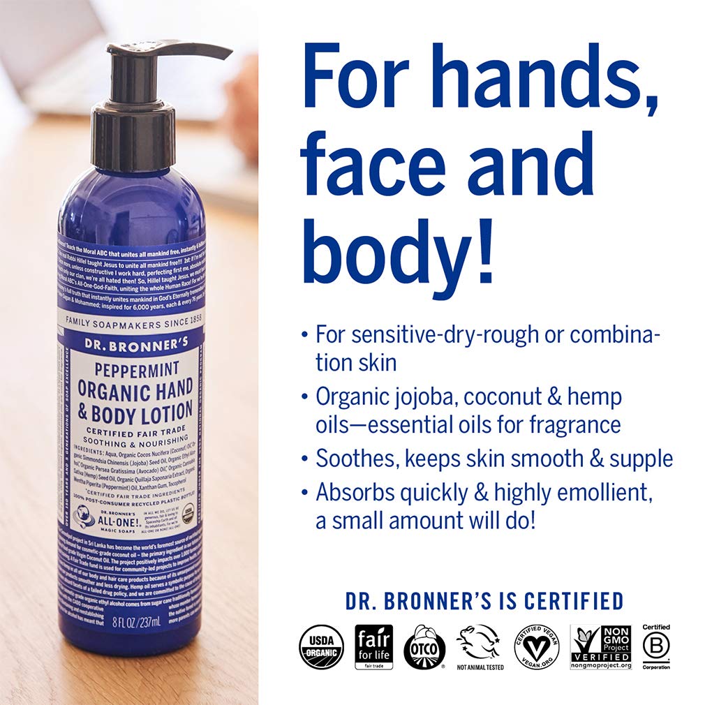 Dr. Bronner'S - Organic Lotion (Peppermint, 8 Ounce) - Body Lotion And Moisturizer, Certified Organic, Soothing For Hands, Face