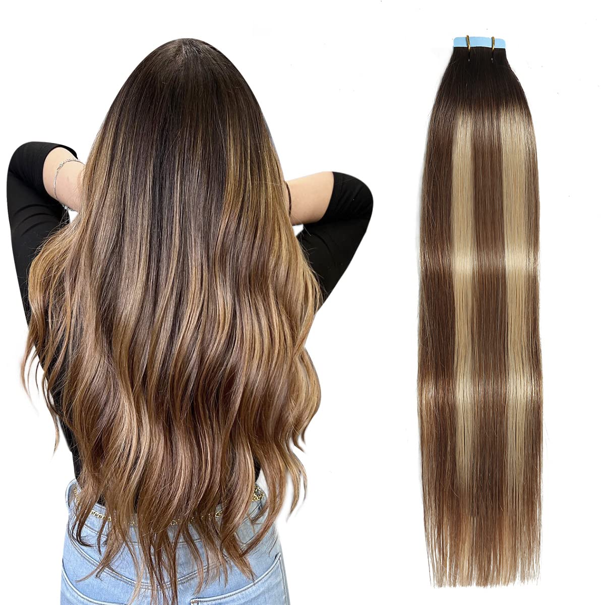 Suyya Tape In Hair Extensions Human Hair Balayage Darkest Brown To Chestnut Brown And Light Blonde 40G/Pack 20Pcs Straight Seaml