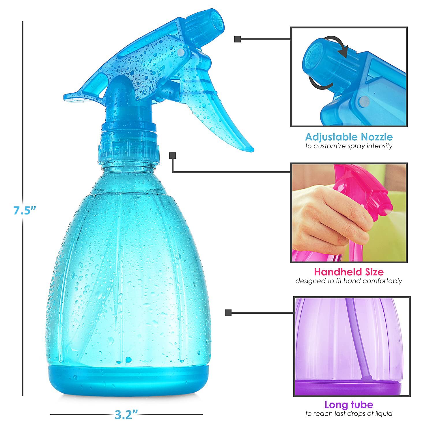 Dilabee Spray Bottles (3-Pack, 12 Oz) Water Spray Bottle For Hair, Plants, Cleaning Solutions, Cooking, Bbq, Squirt Bottle For C