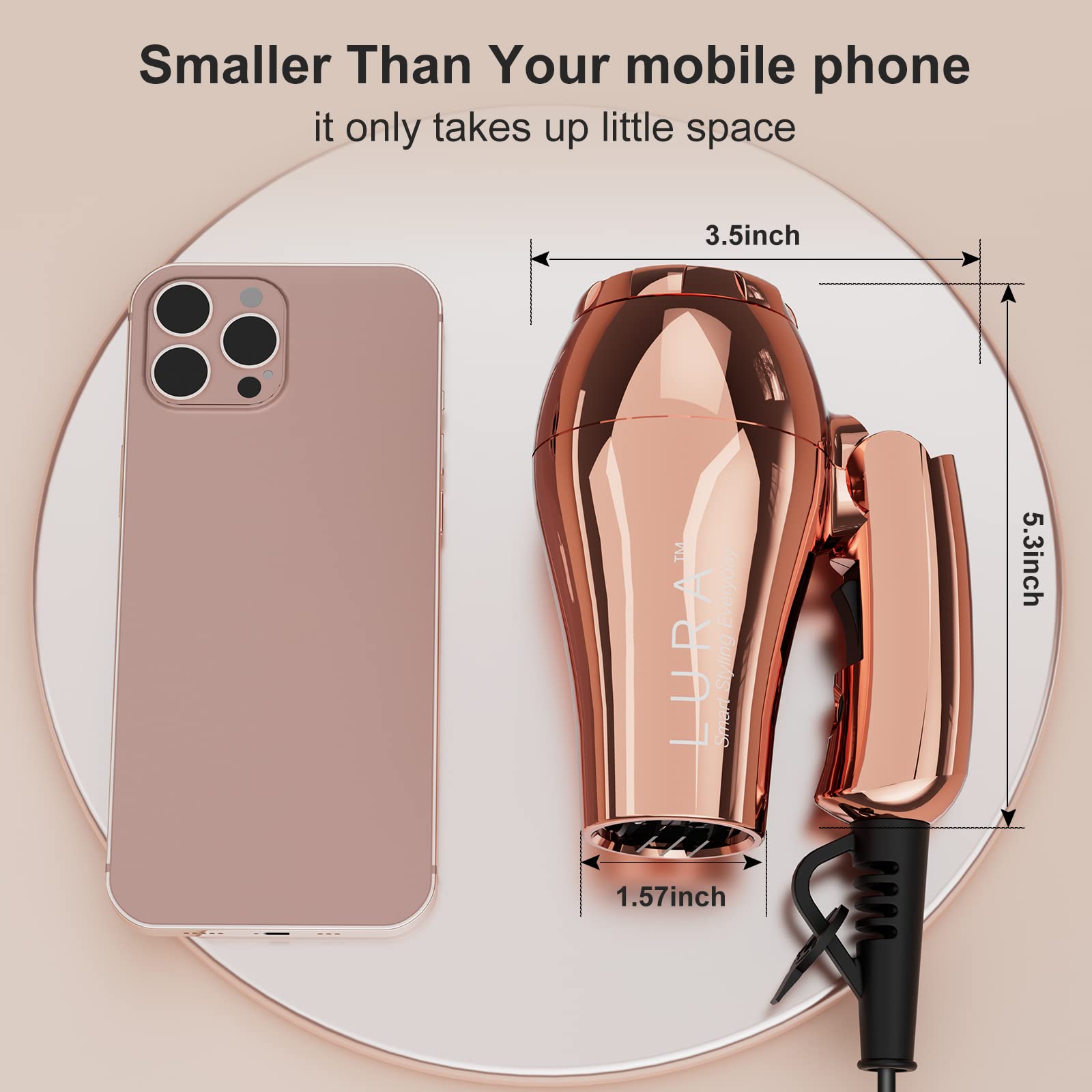 LURA Mini Portable Travel Hair Dryer 1200W, Dual Voltage, Rose Gold, Small Size, Model D28, with Concentrator & Diffuser Attachments
