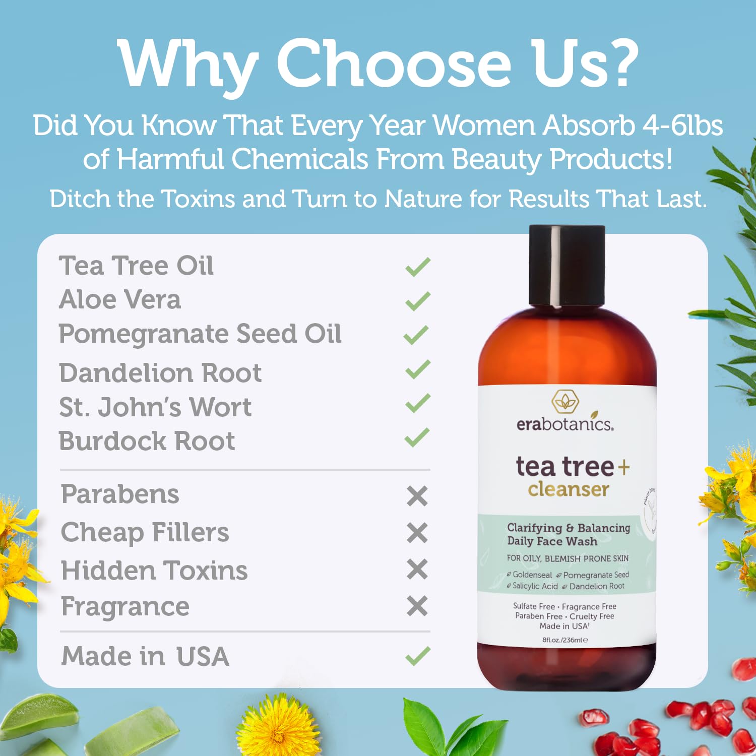 Era Organics Purifying Tea Tree Oil Face Wash - Balancing Cleanser for Oily, Blemish-Prone Skin with Salicylic Acid - Sulfate-Fr